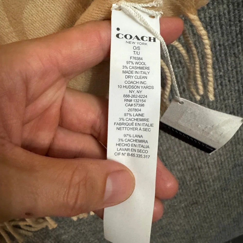 NWT Coach Signature Oversized Scarf Camel Beige Wool Cashmere Made in Italy